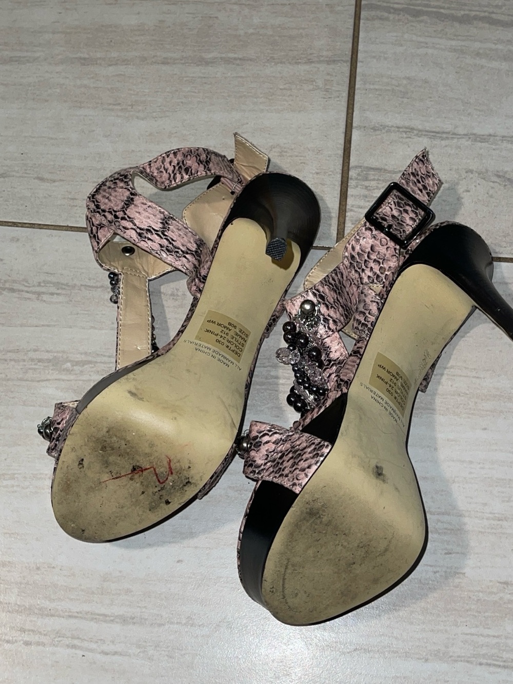 Pink Snake-Print Beaded Platform Pleaser Sandals - Picture 4 of 7